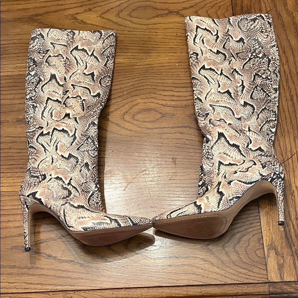 Vince Camuto Snakeskin Heeled Boots - Tan and Black